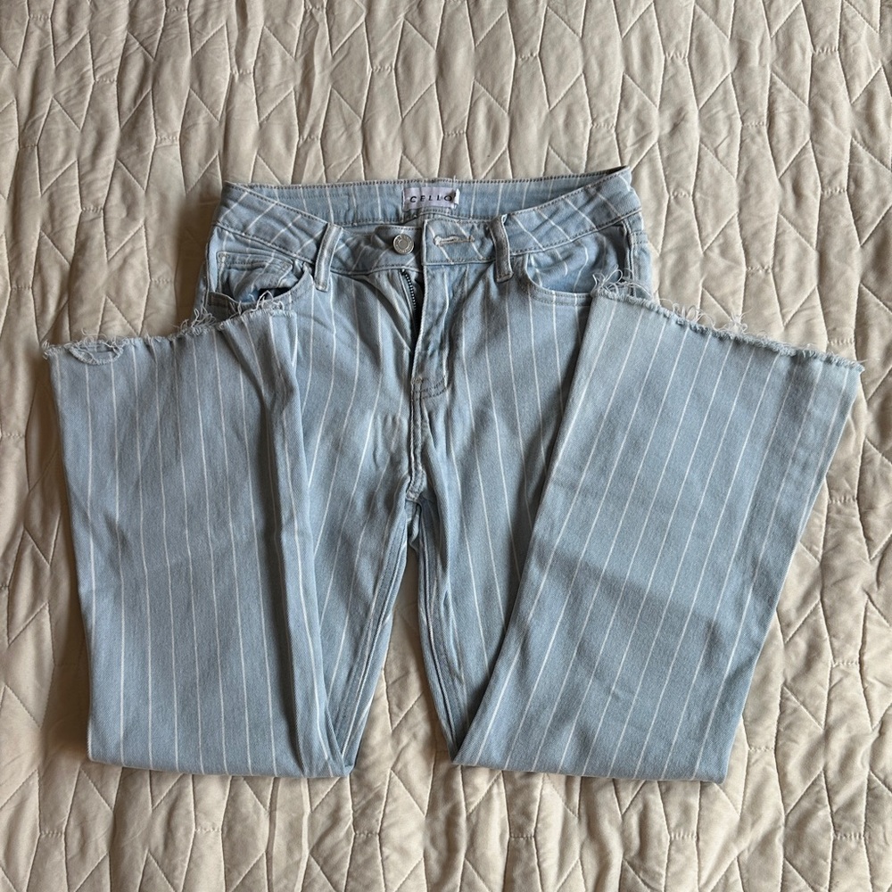 Cello Light Blue Striped cropped Flare Jeans